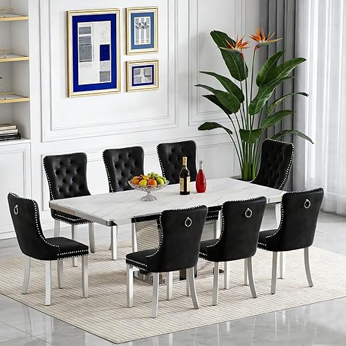 Miniatura 44 de SSLine Juego de mesas de comedor extensibles de 94.5 pulgadas para 6 personas, juego de mesa de comedor de 7 piezas, modernas mesas de cocina Blanco