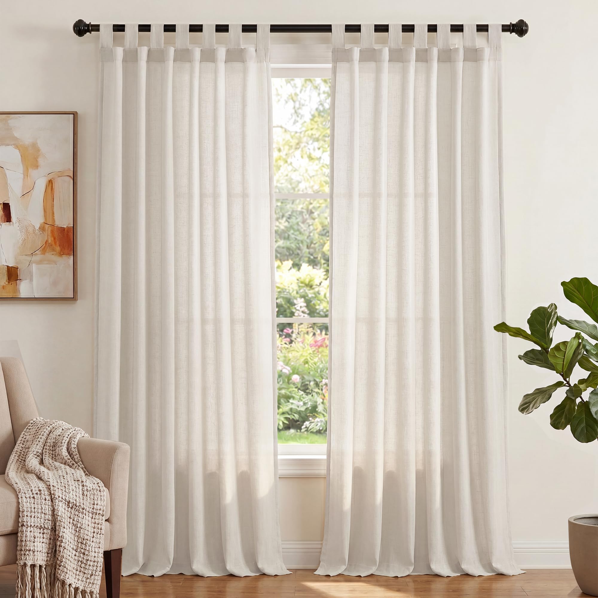 PrinceDeco Natural Linen Blended Sheer Curtains for Living Room Tab Top Soft Rich Material Light Filtering Energy Efficient Bedroom Drapes, 2 Panels,