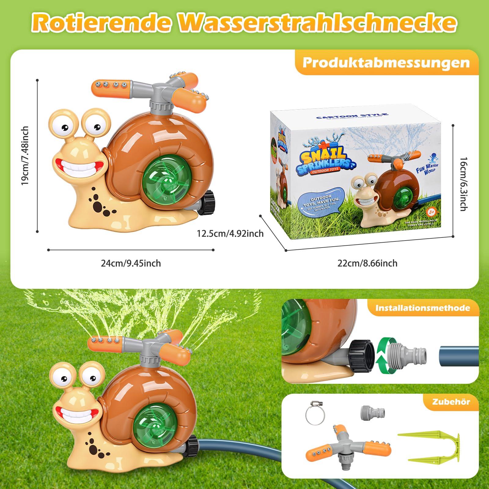 Wassersprinkler Kinder Outdoor 360° Rotierender Schnecken Rasensprenger mit Schlauchanschluss, Garten Sprinkler für Rasen, Pool und Außenbereich, Wasserspielzeug mit Zubehör