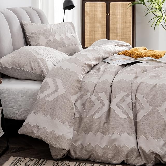 SUCHDECO Duvet Cover Set King Size, Ultra Soft Microfiber Tufted Duvet Cover 230x220 cm, 3 Pieces Embroidery Shabby Chic Home Bedding Sets with Zipper Closure & Corner Ties, Light Grey