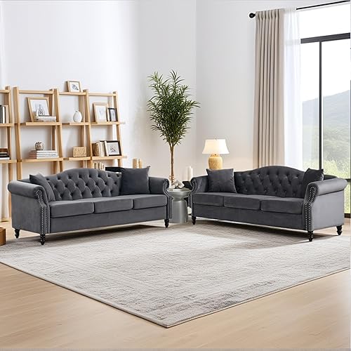 Miniatura 1 de Chesterfield - Juego de 2 sofás modernos de terciopelo gris de 79 pulgadas de 3 plazas, sofá combinado con 4 almohadas, respaldo curvado recortado y