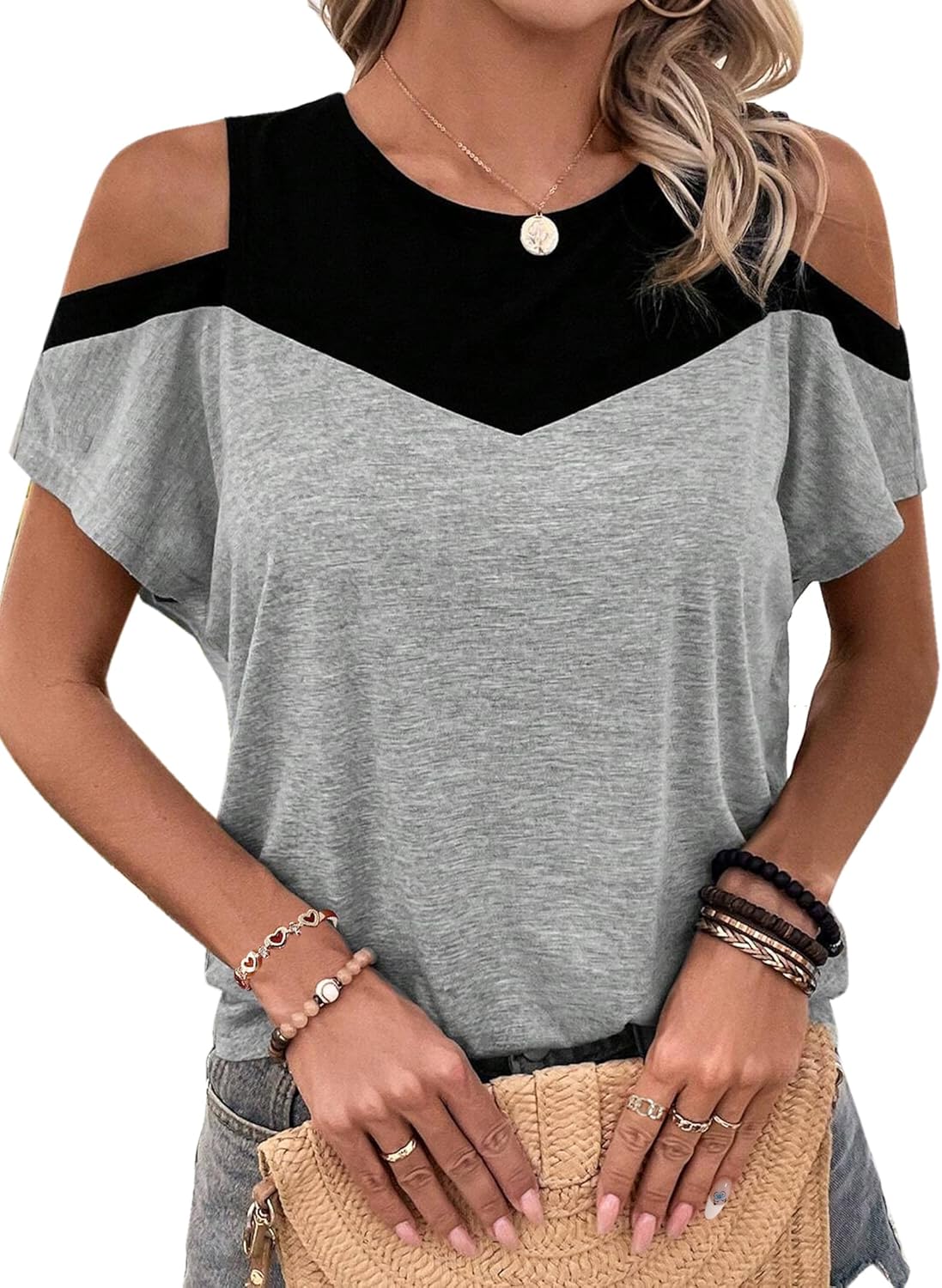 Hilinker Women's Cut Out Cold Shoulder Tops Summer Color Block Short Sleeve Sexy Shirts
