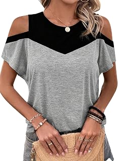Womens Color Block Cut Out Cold Shoulder Tops