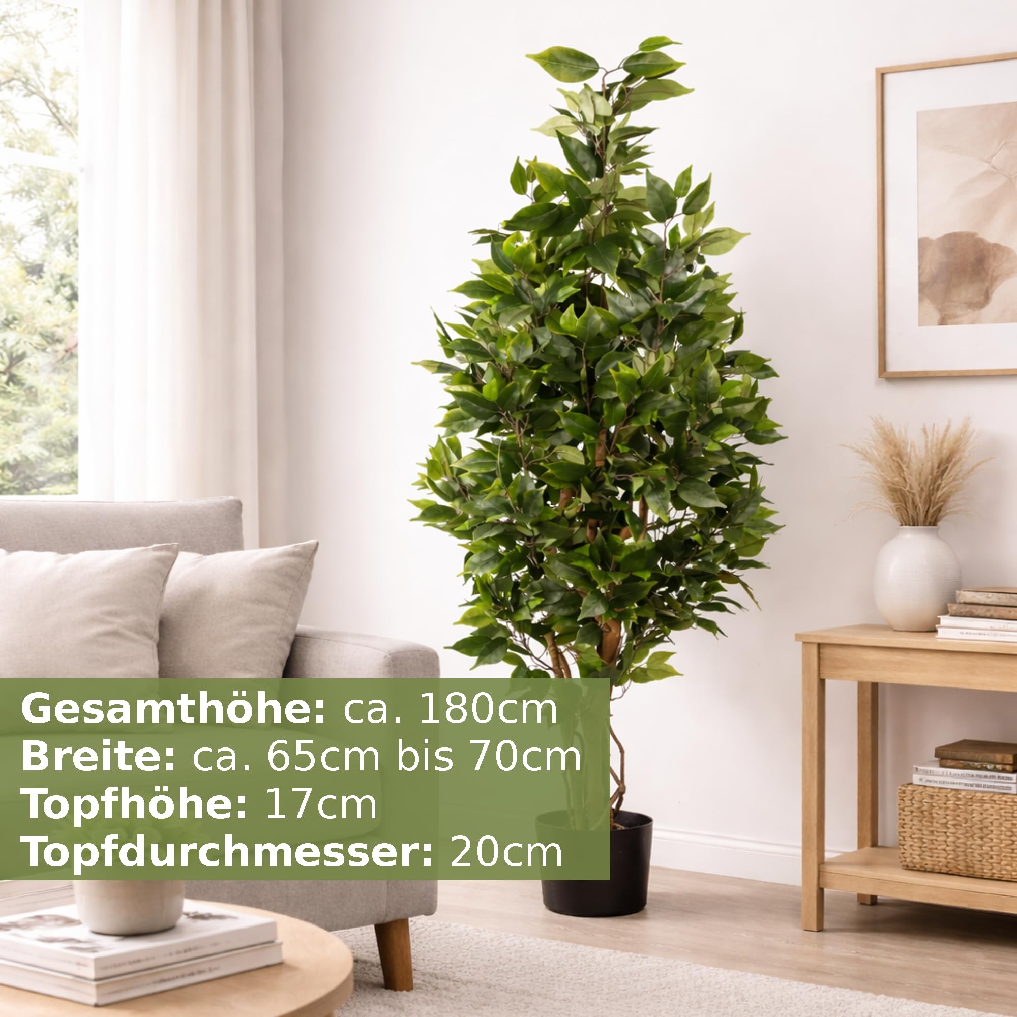 Ficus Nitida 180cm Grün LA Kunstbaum, Dekobaum Kunstpflanzen künstlicher Baum Pflanzen Kunstficus, Home Deko künstliche Pflanze, Deco Dekoration für Wohnzimmer Büro Badezimmer Schlafzimmer