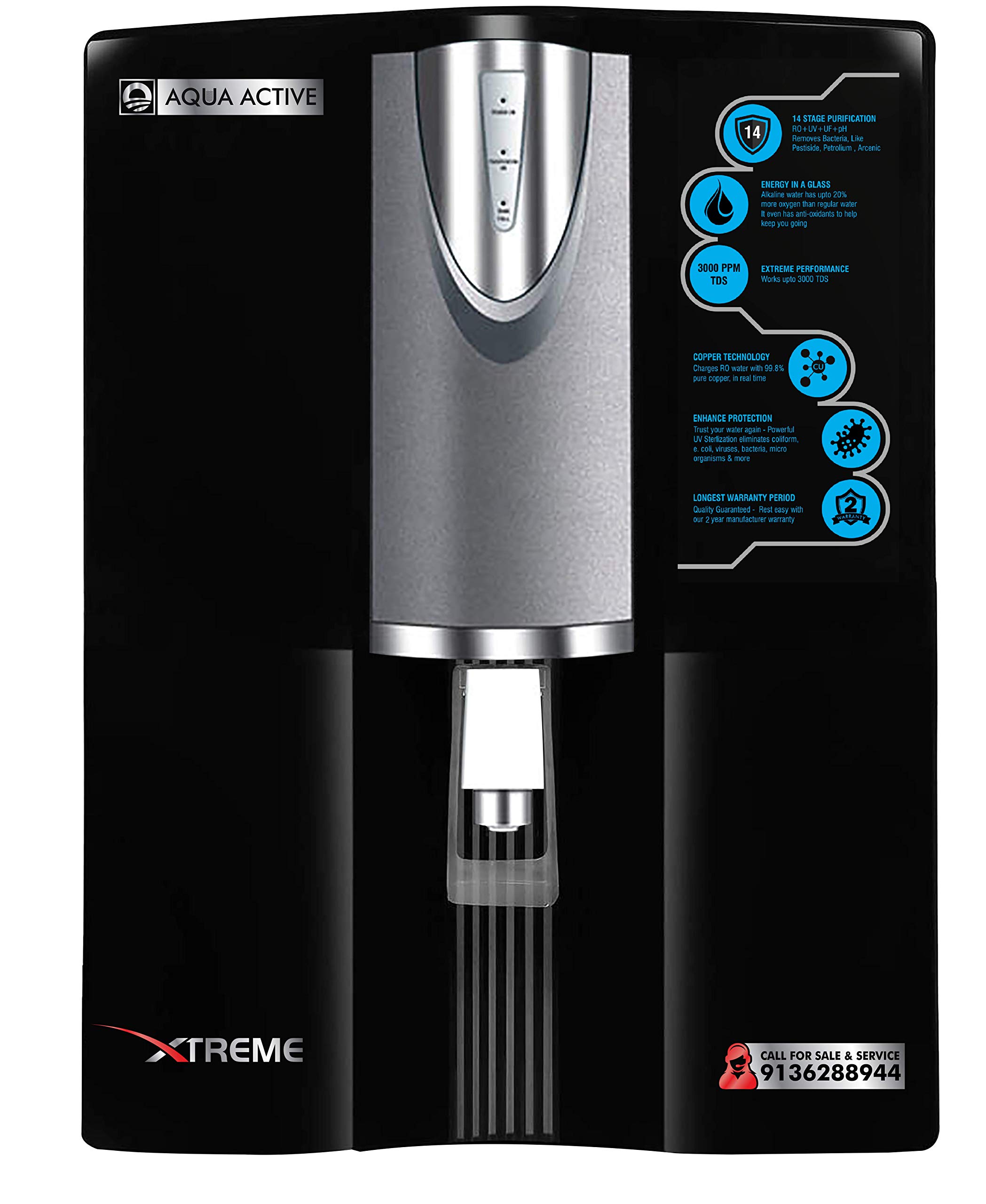 100 GPD RO+PHI UV +UF+TDS+MI+Megnectic Softner+Anti Scallent+Iron Removar+Alkaline+Copper 12-Litre Water Purifier, Black