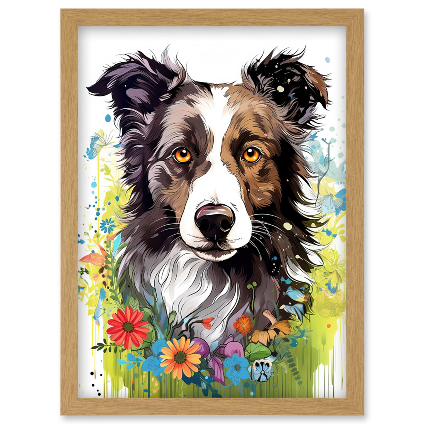 Artery8 Border Collie Dog Bright Watercolour Painting Floral Portrait with Wildflowers and Butterflies Artwork Framed Wall Art Print A4