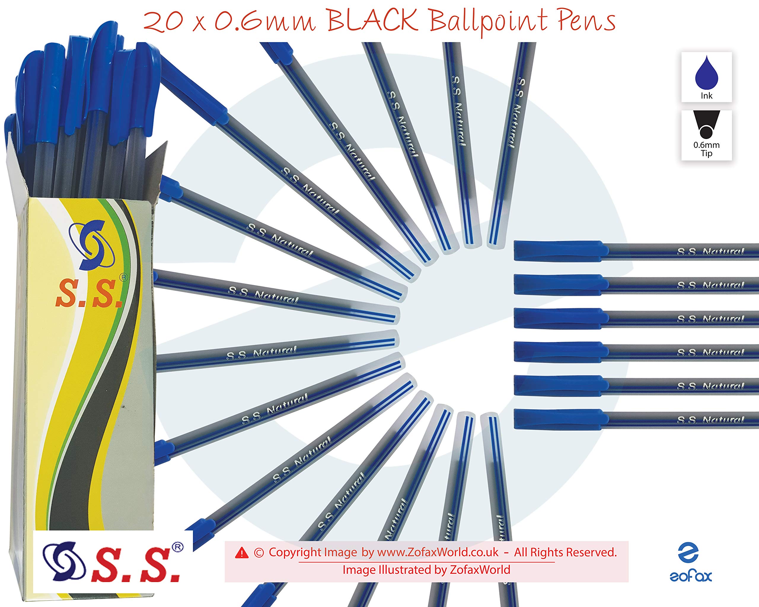 20 x 0.6mm Tip S.S. Natural BLUE Ballpoint Pens Smooth Writing Everyday Use