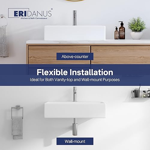 Vista 25 de Eridanus - Lavabo rectangular de 20 x 16 pulgadas, montado en la pared, sobre encimera, lavabo flotante moderno para baño, porcelana de vidrio