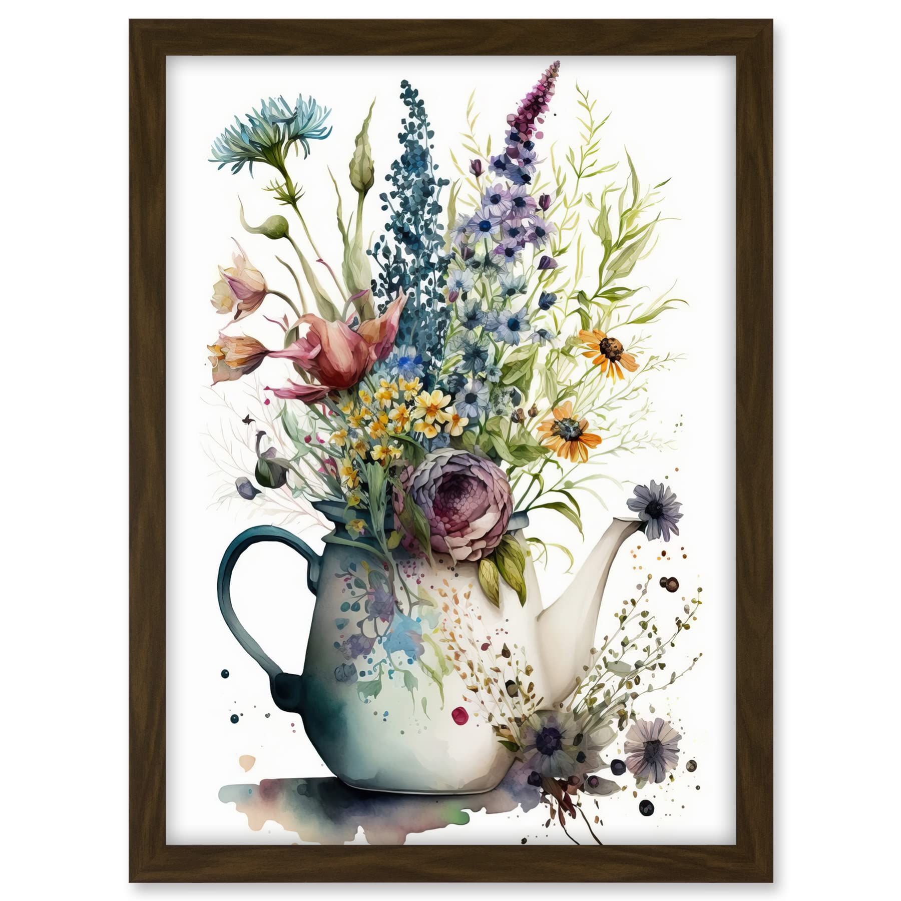 Artery8 Spring Wildflower Floral Bouquet in a Teapot Vase Artwork Framed A3 Wall Art Print
