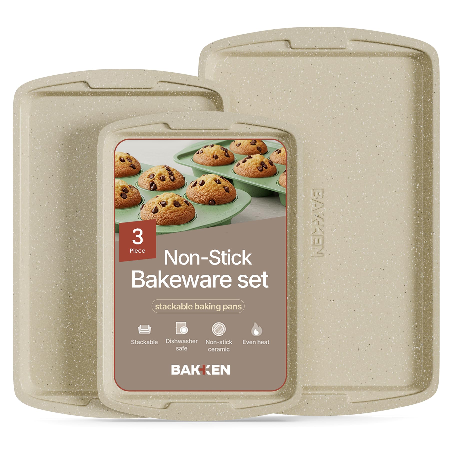 Cookie Sheet 3 Piece Set - Non-Stick, Stackable Baking Pans, White Marble Deluxe Ceramic Coating – Dishwasher Safe - for Home Baking