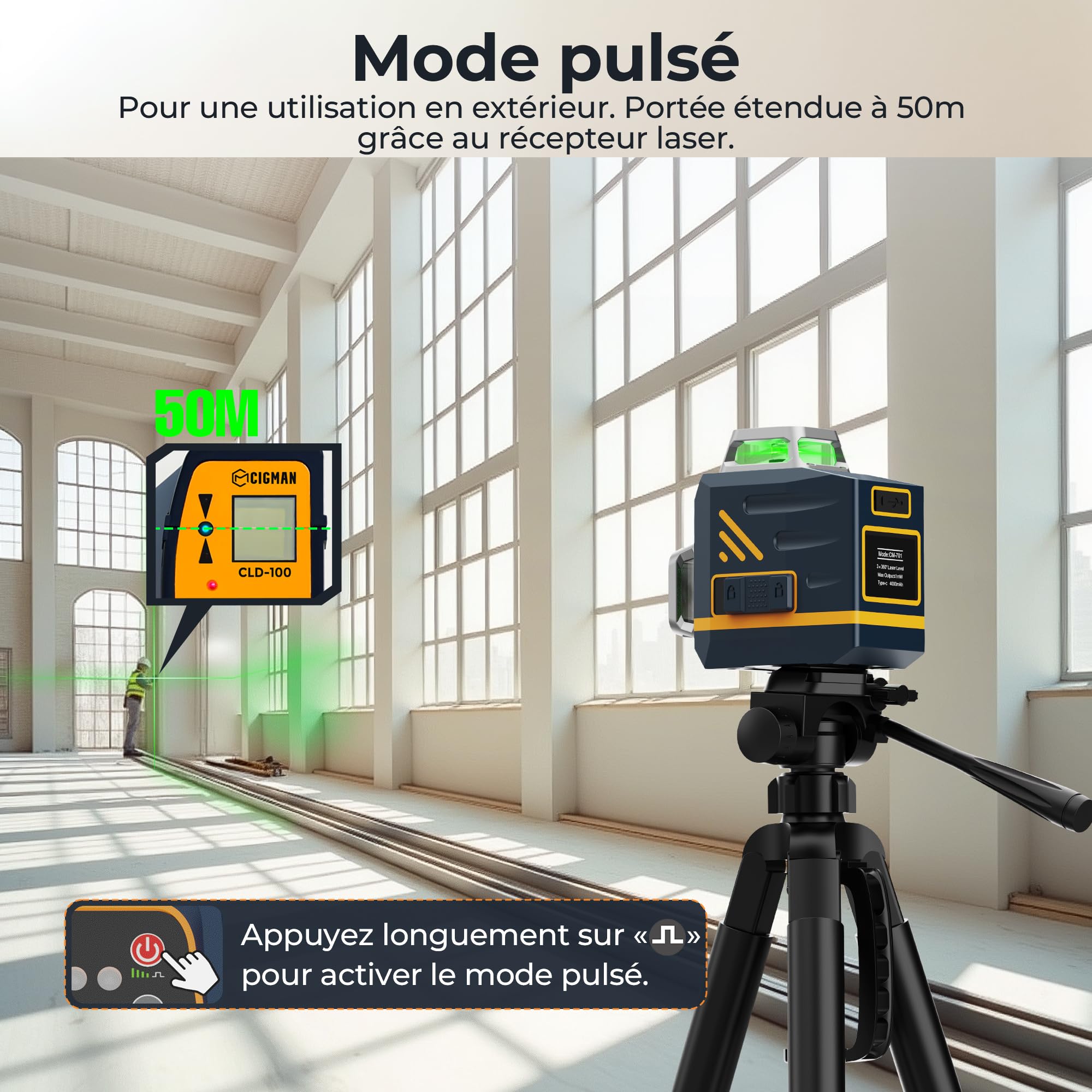 CIGMAN Niveau laser vert 3x360°, laser de chantier à nivellement automatique, distance 30m, 9 hours batterie Li-Ion, avec télécommande, support magnétique, trépied pivotant, sac de transport antichute