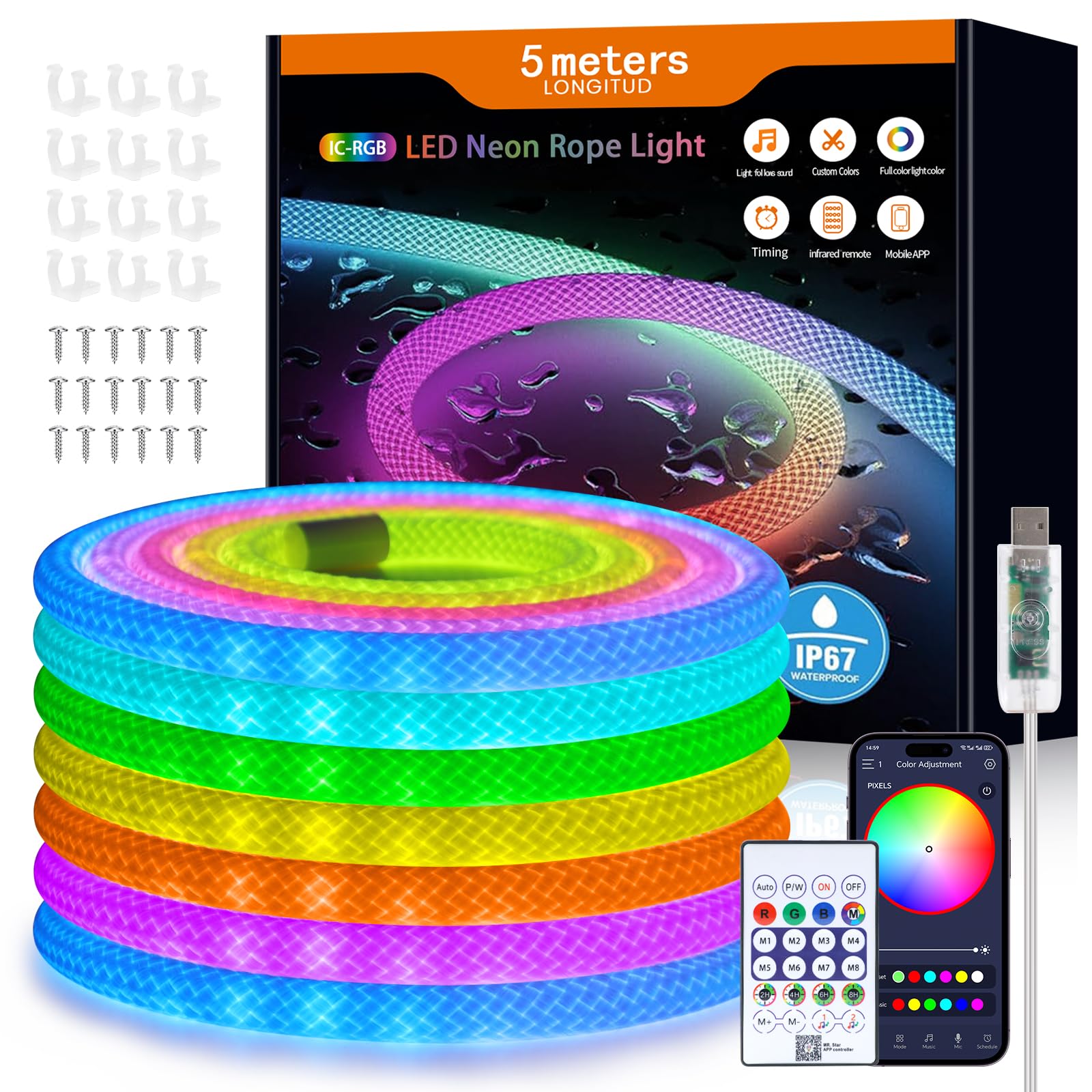 KISUFU Neon Striscia LED 5M, USB 5V RGB LED WS2812B, Impermeabile Neon LED Strisce Silicone con APP e Telecomando, Striscia Flessibile per la Decorazione, Esterna, Soggiorno, Camera da Letto