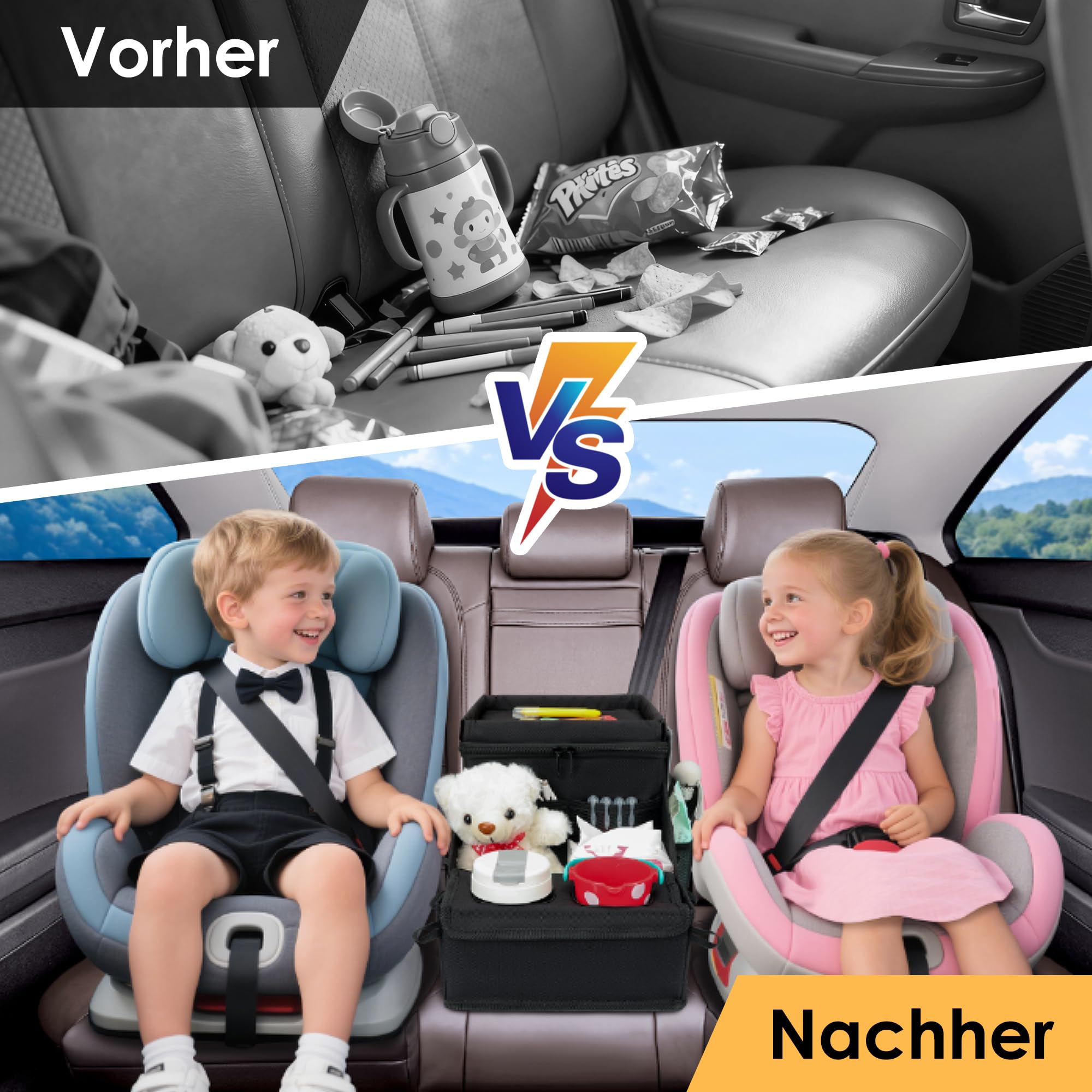 Autositz Organizer, Universeller Rückbank Organizer für den Rücksitz & Beifahrersitz mit Getränkehalter-Ablage mit Reise-Kühlbox für Kinder und Erwachsene, Ablage für Spielzeug, Bücher, Snacks