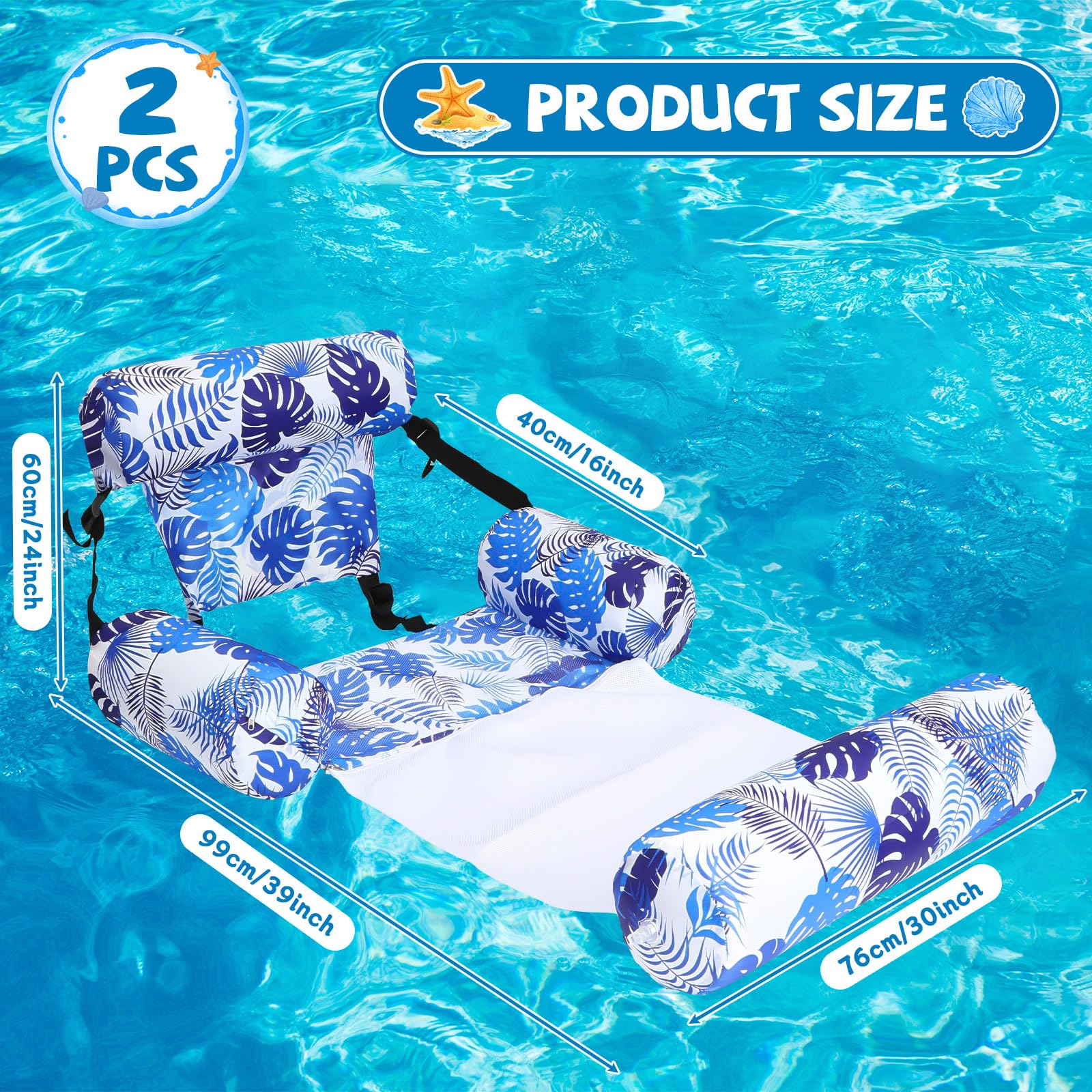 2 Pack 2 in 1 Inflatable Pool Floats Lounge with Leg Arm Rests Fabric Floating Lounger Chairs Blow up Pools Noodles for Adult Heavy Duty Float Chair for Party Summer Water Beach Lake(Blue, Green)