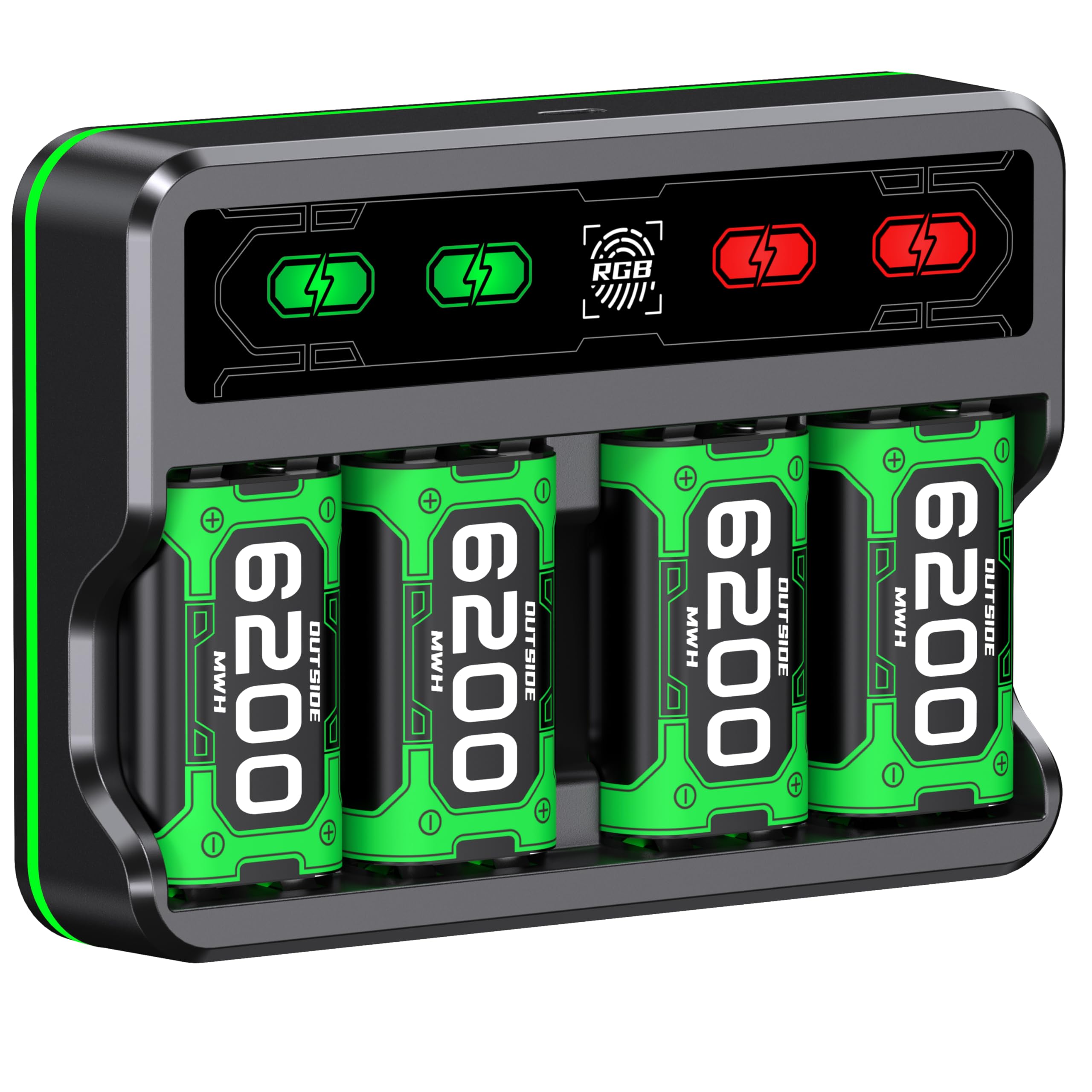 DXKK Xbox One Battery &amp; Charger Sets - 4X 6200mWh Rechargeable Battery Pack with Touch Control LED Light for Xbox One/Series X|S Controllers, Black, L