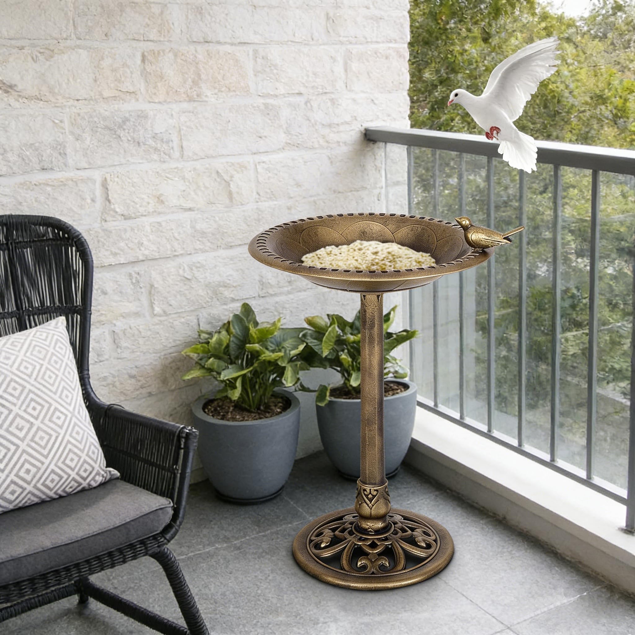 DREAMADE Bain d’Oiseaux Sauvages sur Pied, Etanche Résistant aux Imtempéries, Jardin/Cour Extérieur, Décoratif avec Aspect Métal, Bronze (Bronze)