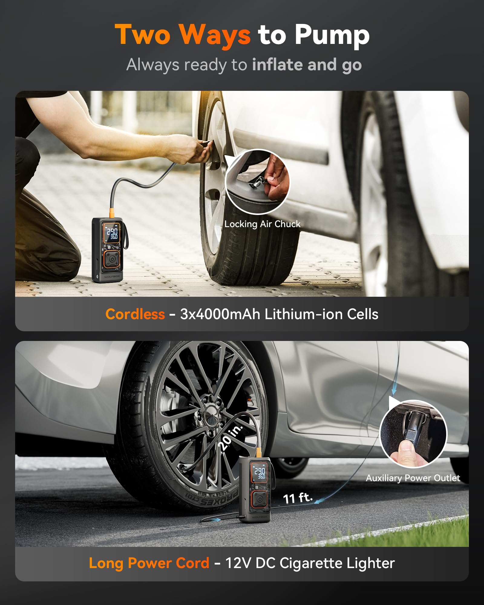 WOLFBOX Przenośna sprężarka powietrza do opon, 150 PSI i 12000 mAh, akumulatorowa pompa powietrza, do opon samochodowych, motocykli, rowerów, kul, z manometrem cyfrowym, do szybkiego nadmuchiwania