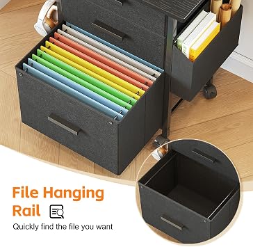 3段引き出しモバイルファイルキャビネット 幅22インチプリンタースタンド付き ファブリックデスク下ファイリングキャビネット サイドバッグ&ヘッドフォンフック付き レター/a4サイズのハンギングファイルフォルダーに対応 ローリングホームオフィスオーガナイザー ブラック