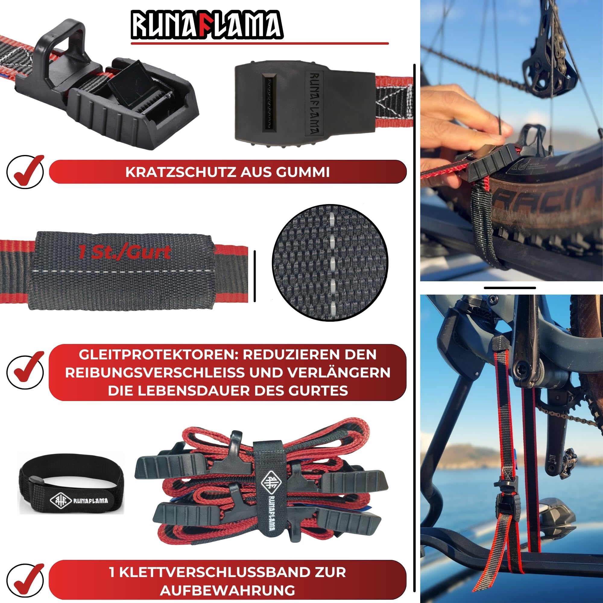 Motorrad Spanngurte 4er Set [500 kg Bruchlast & EN 12195-2 geprüft] – Zurrgurte 1 m mit Gummischutz & Scheuerschutz – Spanngurt Set inkl. Tasche & Klettband (Für Transport & Dachträger) - 4