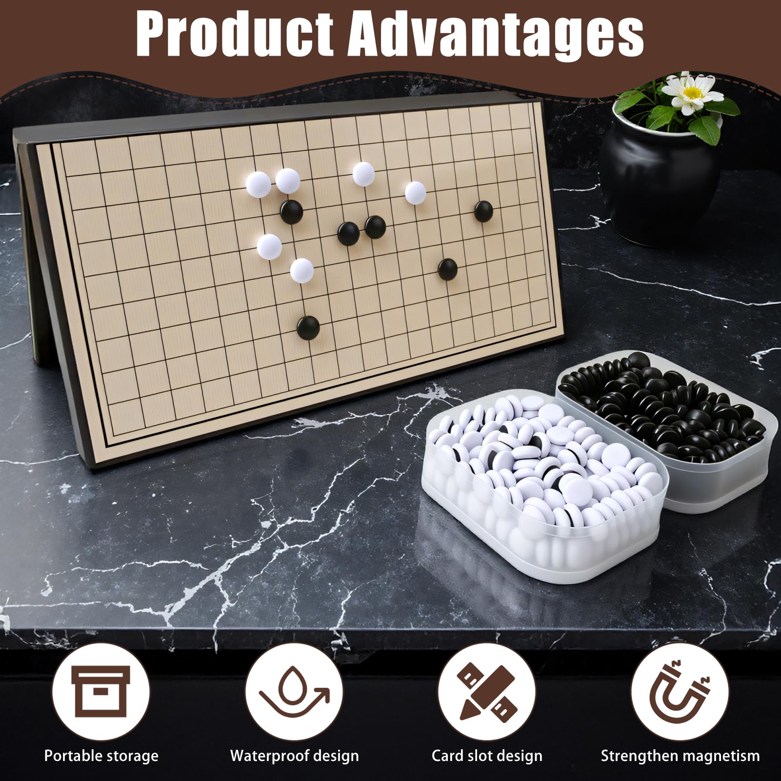 Jeu de Go Magnétique 19x19 – Jeu de Go Pliable et Portable – Jeu de stratégie de Voyage avec Pierres magnétiques – Plateau de Jeu pour débutants et Experts