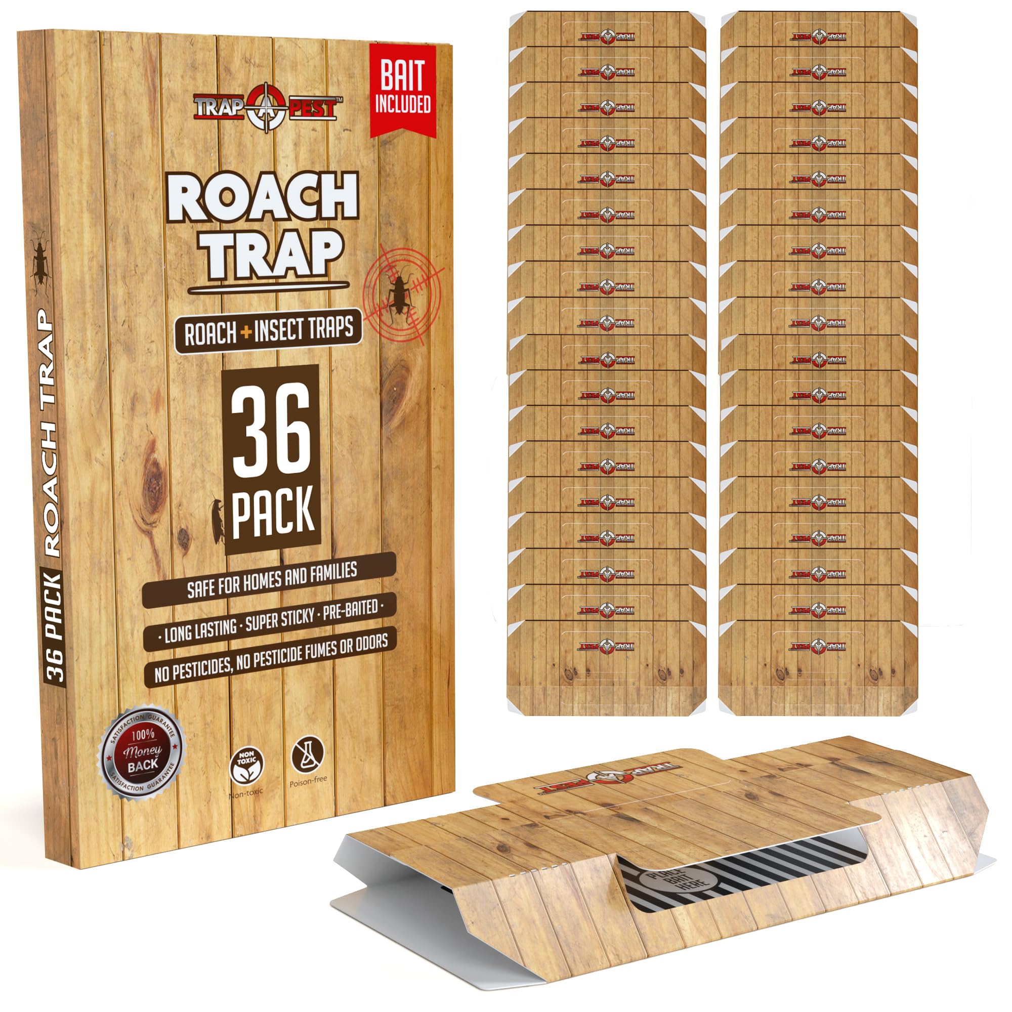 Roach Traps Indoor Sticky (36 Pack) - Glue Traps for Roaches Bug Traps with Roach Bait Traps - Long Lasting Non-Toxic Children and Pet Friendly - Trap a Pest