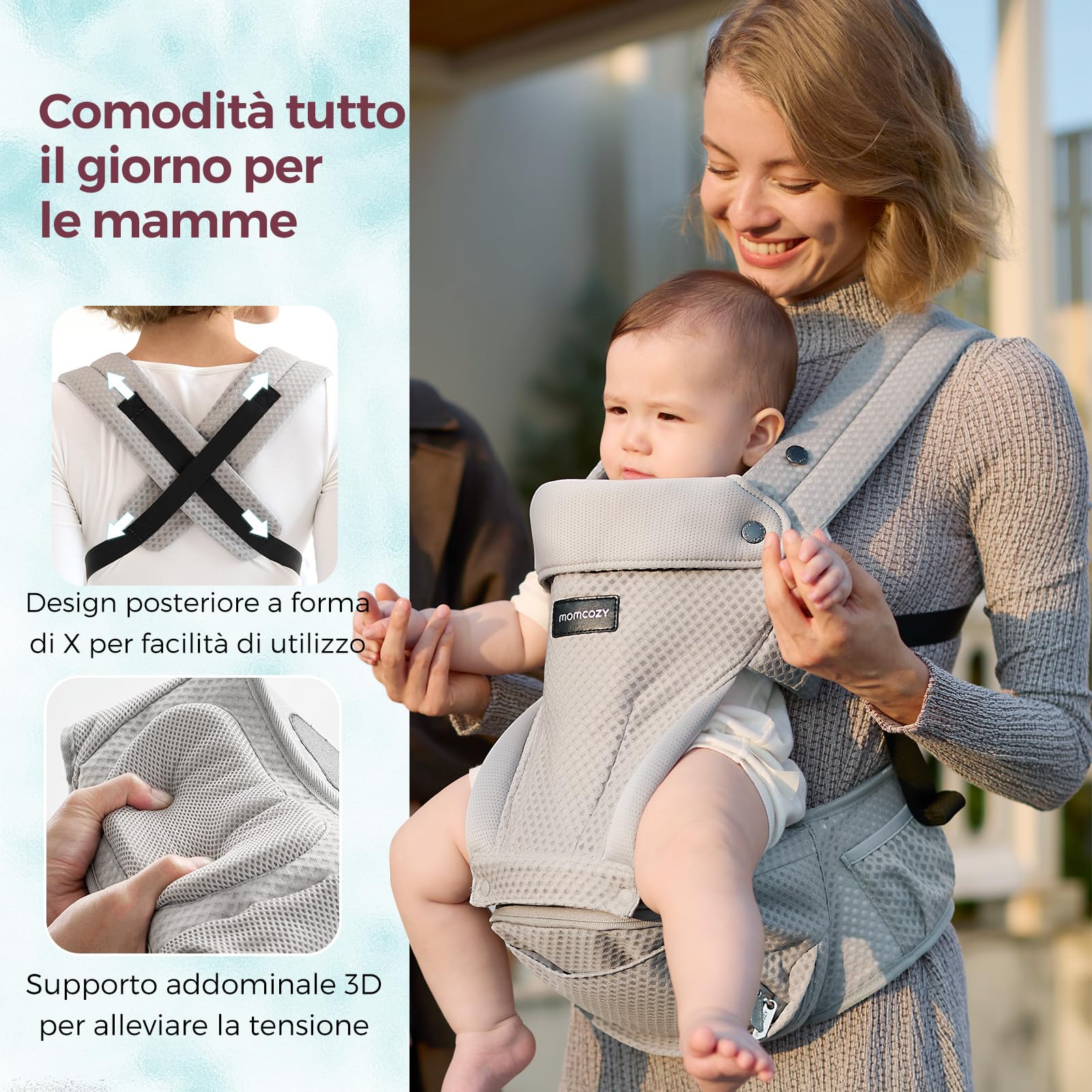 Momcozy Marsupio Neonato con Sede Anca 2 in 1, Portabebè Fronte Strada a Mani Libere fino a 20 kg, Marsupio Bambino 4 Stagioni con Cintura Regolabile fino a 115 cm,Grigio Air Mesh