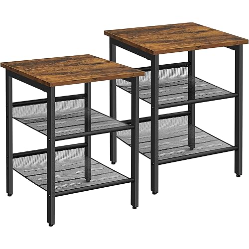 VASAGLE Nightstand, Set of 2 Side Tables with Adjustable Mesh Shelves, for Living Room, Bedroom, Industrial, Stable Steel Frame, 15.7”L x 15.7”W x 19.7”H (40 x 40 x 50 cm), Rustic Brown + Black