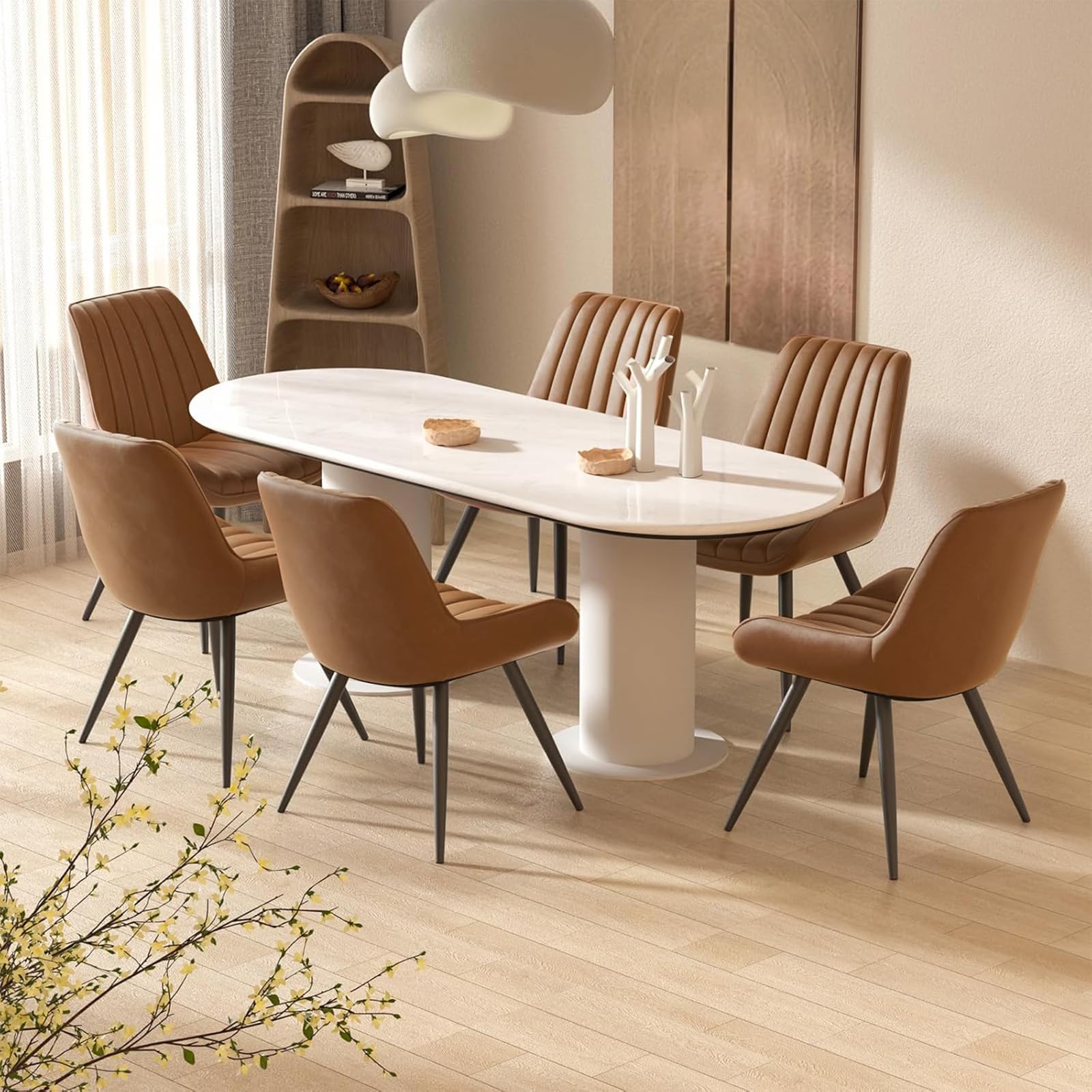 Hawthyhome Dining Chairs Set of 6 Upholstered Chairs with 10cm Thick Seat Cushion Fabric Dining Chair Backrest Modern Armchairs with Metal Legs Brown