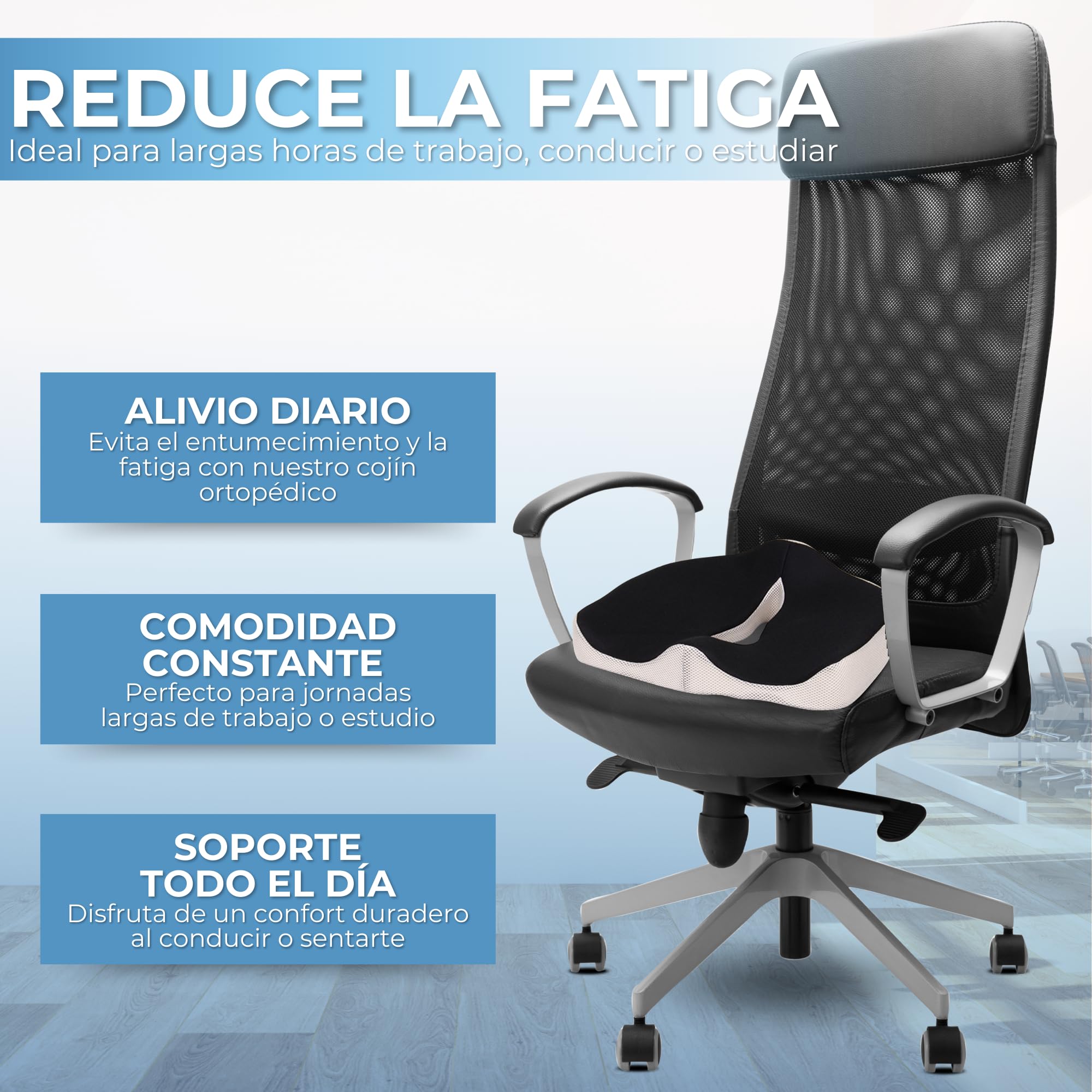 Cojín Viscoelástico Para Silla De Oficina Y Coche - Alivia Presión En Coxis Y Lumbar, Negro, Ergonómico