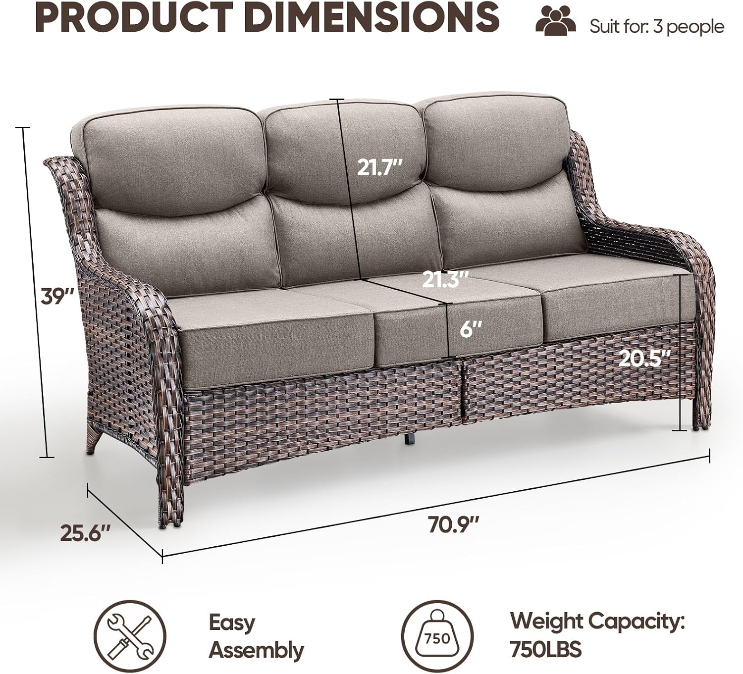 Luxury Patio Sofa 3-Seat Wicker Couch with 6" Thick Cushion - Outdoor Furniture Rattan Sofa with Deep Seating High Back Outdoor Sofa for Patio Garden Balcony Sunroom Backyard, Brown Grey