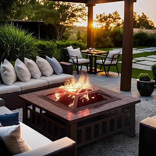 Miniatura 6 de Greesum Mesa multifuncional para fogata de patio, estufa cuadrada de metal de 32 pulgadas, chimenea de jardín con tapa de pantalla de chispas y