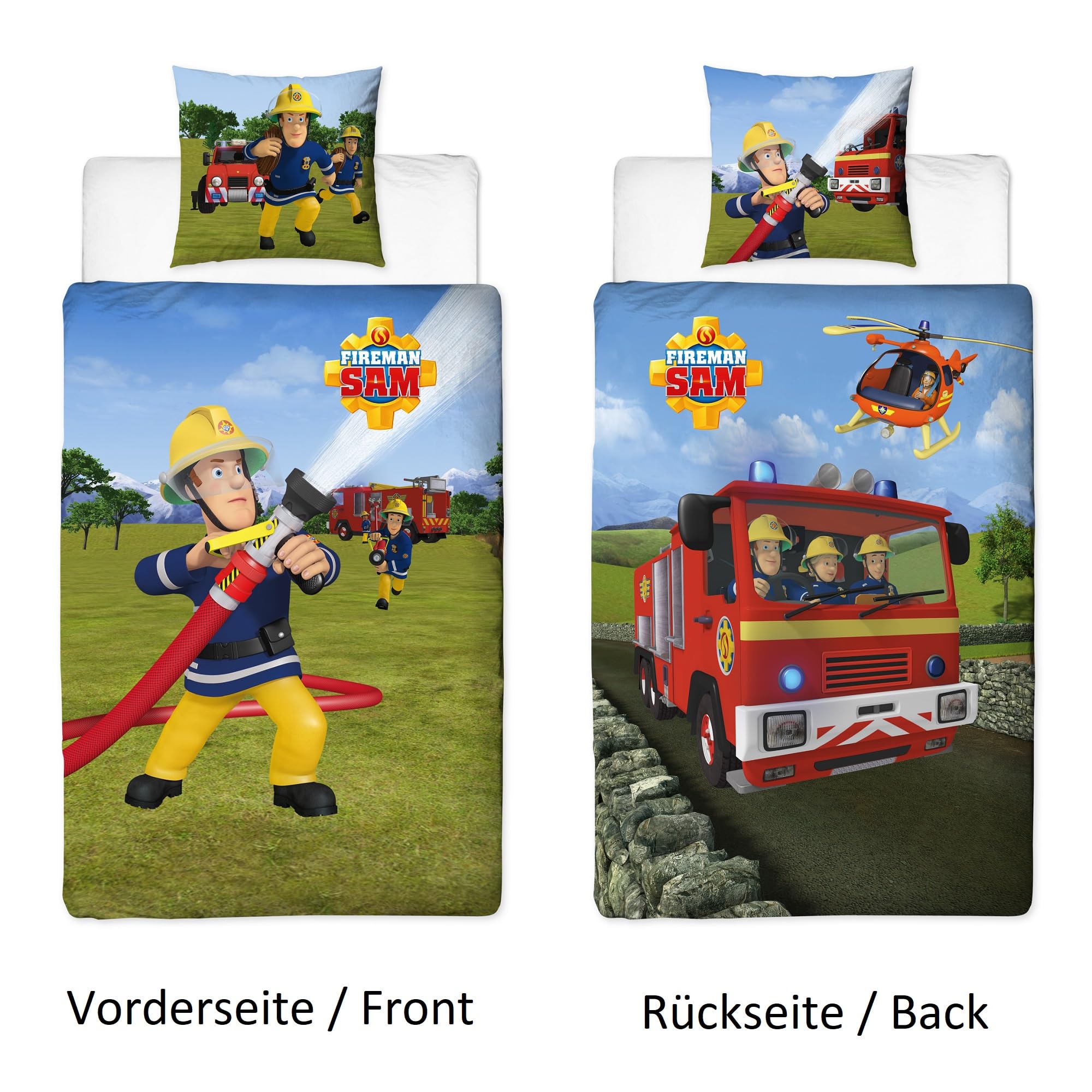 Familando – Feuerwehrmann Sam Bettwäsche-Set (2-teilig) – Decken- & Kissenbezug 135x200 cm & 80x80 cm mit Reißverschluss – 100% Baumwolle Renforcé – Hautfreundlich & kuschelig – Öko-TEX Zertifiziert