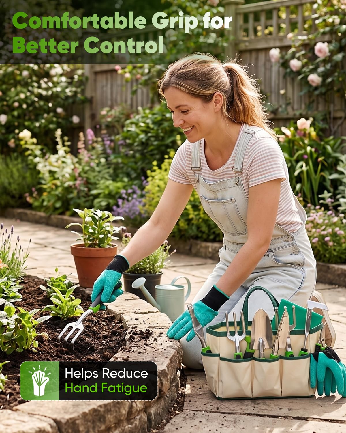 Juego de herramientas de jardín - Kit de herramientas de jardinería de aluminio con asas antideslizantes, guantes de jardinería y bolsa de almacenamiento para plantar, cavar, cuidar el suelo, macizos
