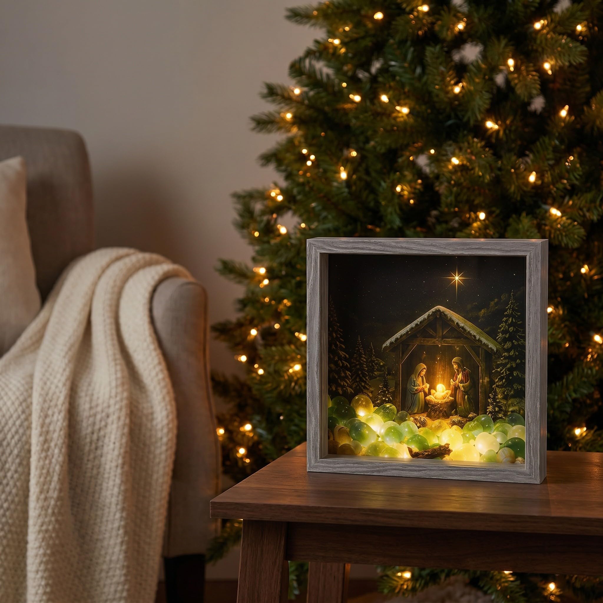 Zerodeko Caja decorativa navideña con diseño de belén: marco de fotos navideño con iluminación LED, marco de madera rústica para fotos navideñas, alimentado por USB para mesa, repisa o chimenea,