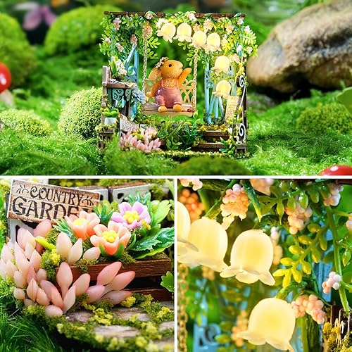 Miniatura 6 de Spilay Kit de muebles de madera en miniatura para casa de muñecas, modelo de casa de muñecas hecha a mano con cubierta antipolvo y LED, escala 124,