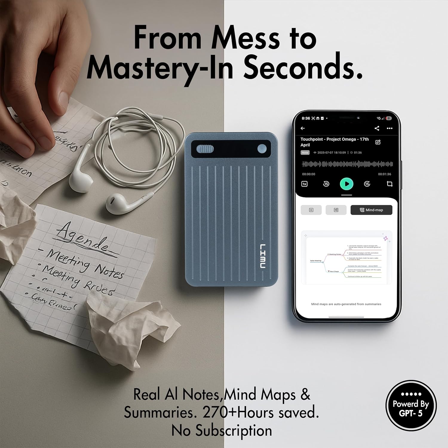 LIMU AI Voice Recorder with App Control - Ultra Slim 64GB AI Note Taking Device - ChatGPT 5 Translation, Summaries & Mind Maps (125 Languages), 400 Min/Month, Digital Audio Recorder with Transcription