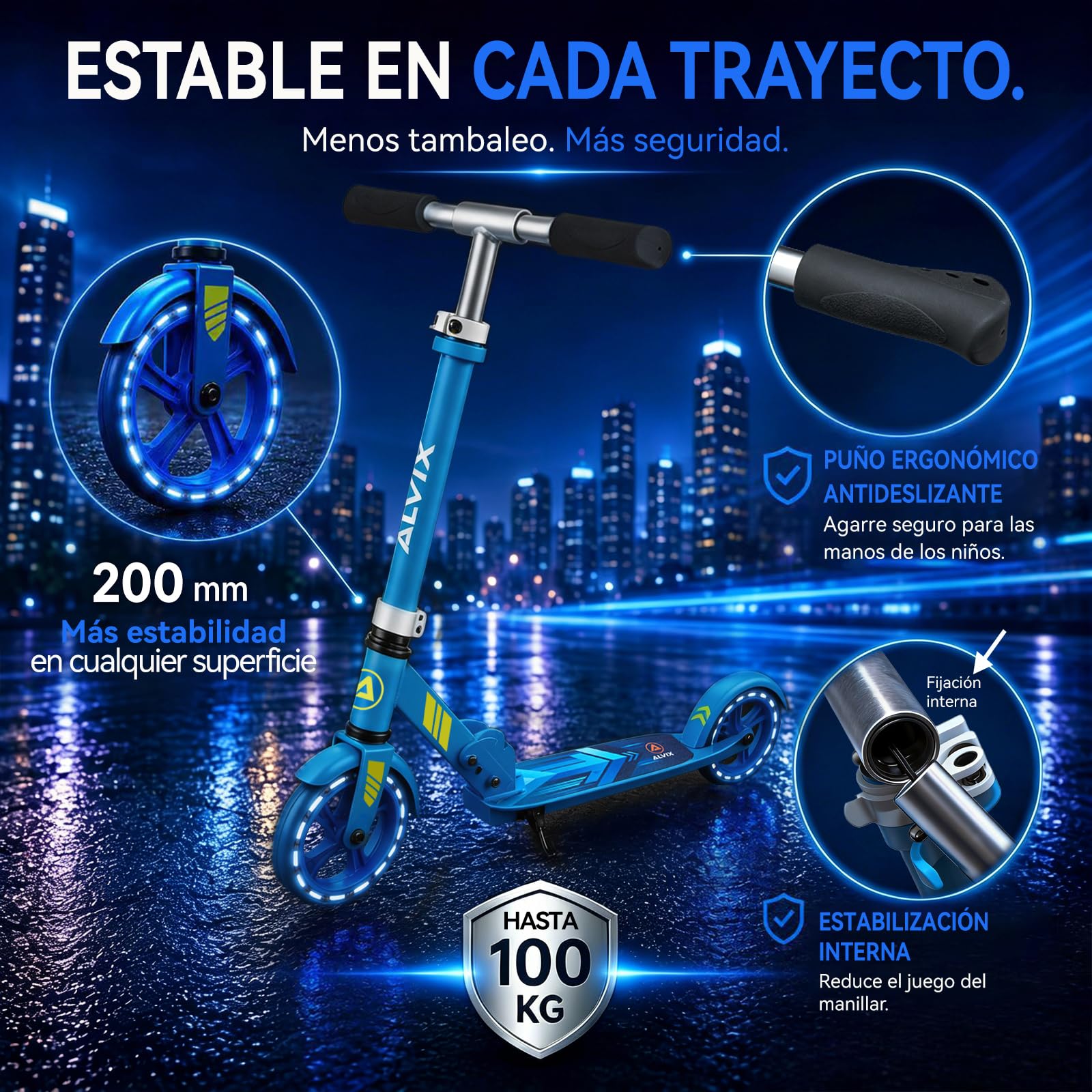 ALVIX Patinete infantil con ruedas LED, altura regulable a partir de 6 años, ruedas de 200 mm, patinete plegable con correa de transporte, plataforma ancha, hasta 100 kg