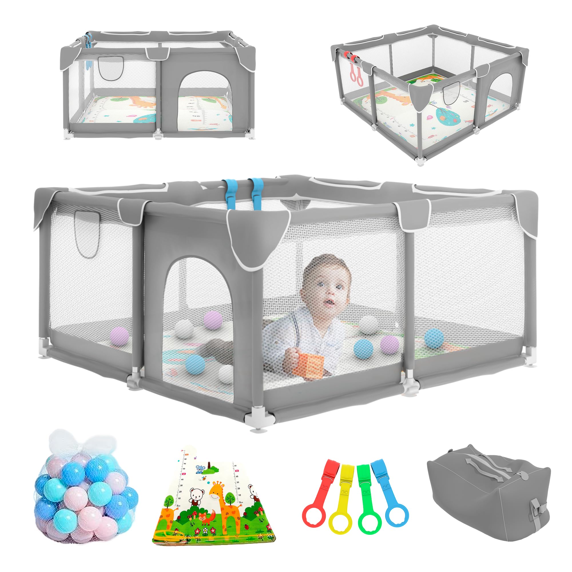 JUPPLIES Parque Infantil Bebe 120x120cm + Alfombra Bebe + 50 Bolas + Agarraderas + Bolsas de Transporte – Corralito Bebe con Malla Transpirable – Parque de Juegos Bebe – Playpen Bebe - (Gris)
