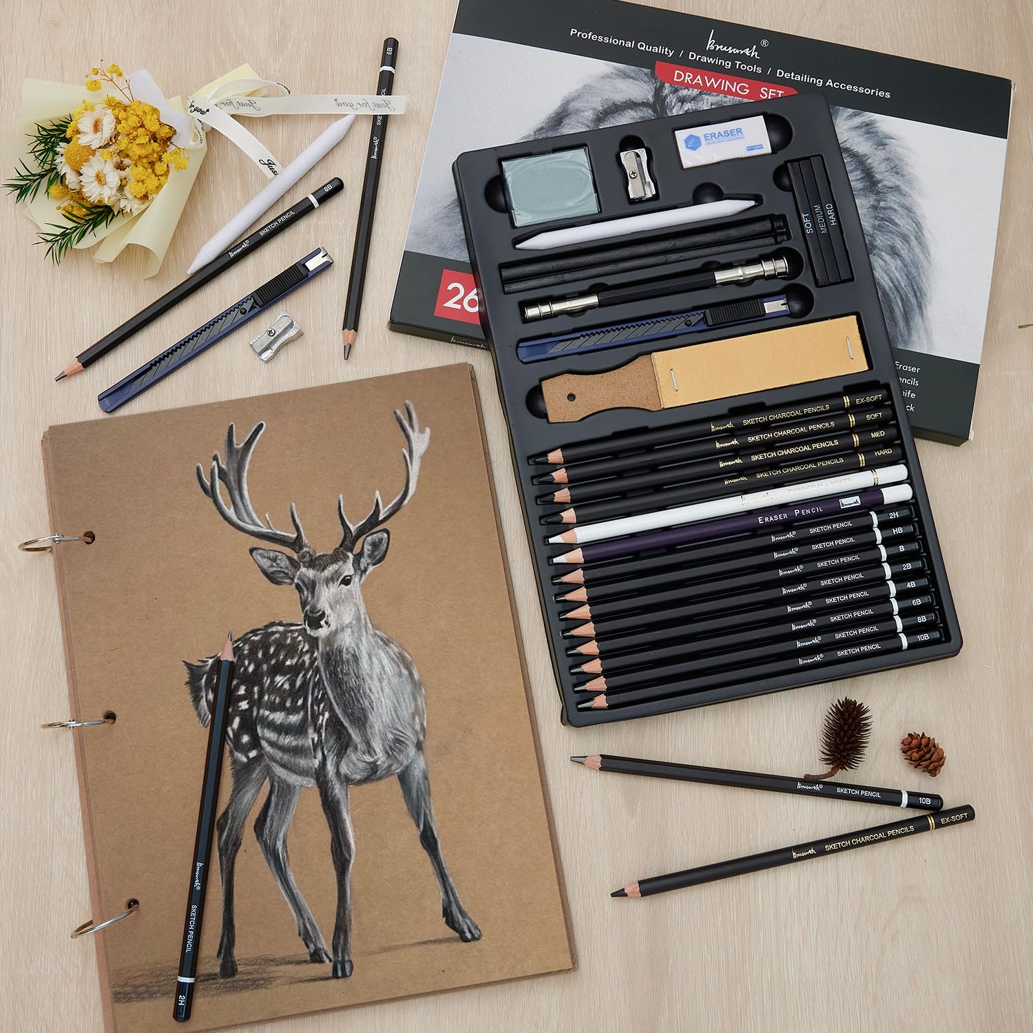 Brusarth Lápices de carbón para dibujar, juego de 26, lápices de dibujo profesional, suministros de arte para dibujar, sombrear, bocetos, mezclar, lápices de artista para principiantes y artistas