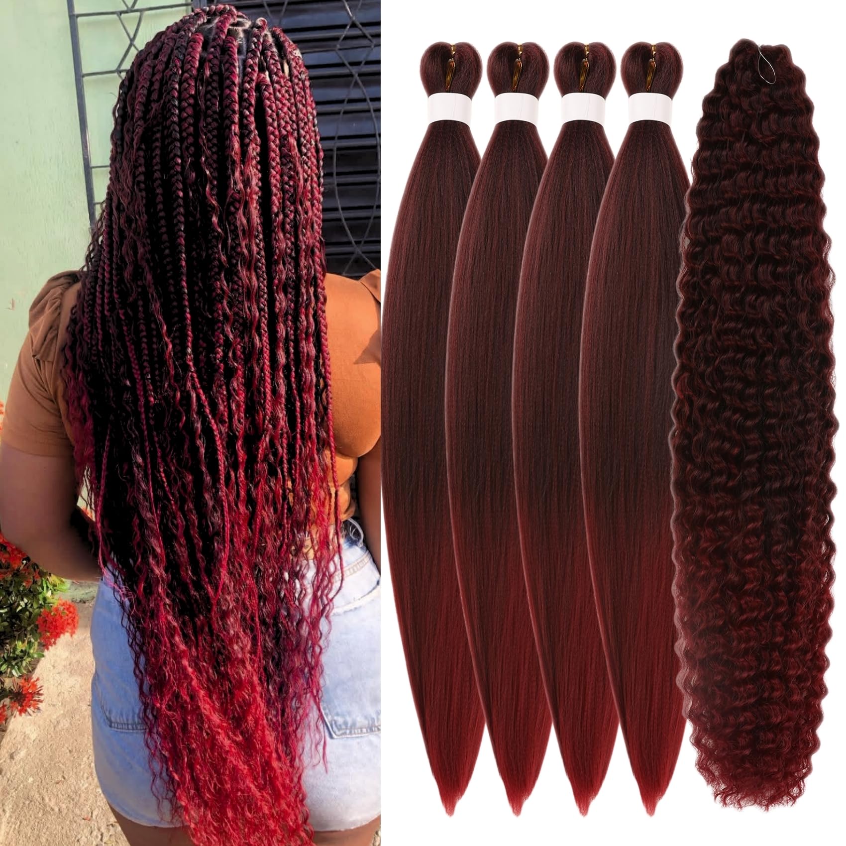 Ombre Burgund Flechten Haar Pre Stretched Knotless Boho Flechten Haar für Boho Flechten Dunkelrot Deep Wave Curly Boho Haar für Flechten (5 Packungen)