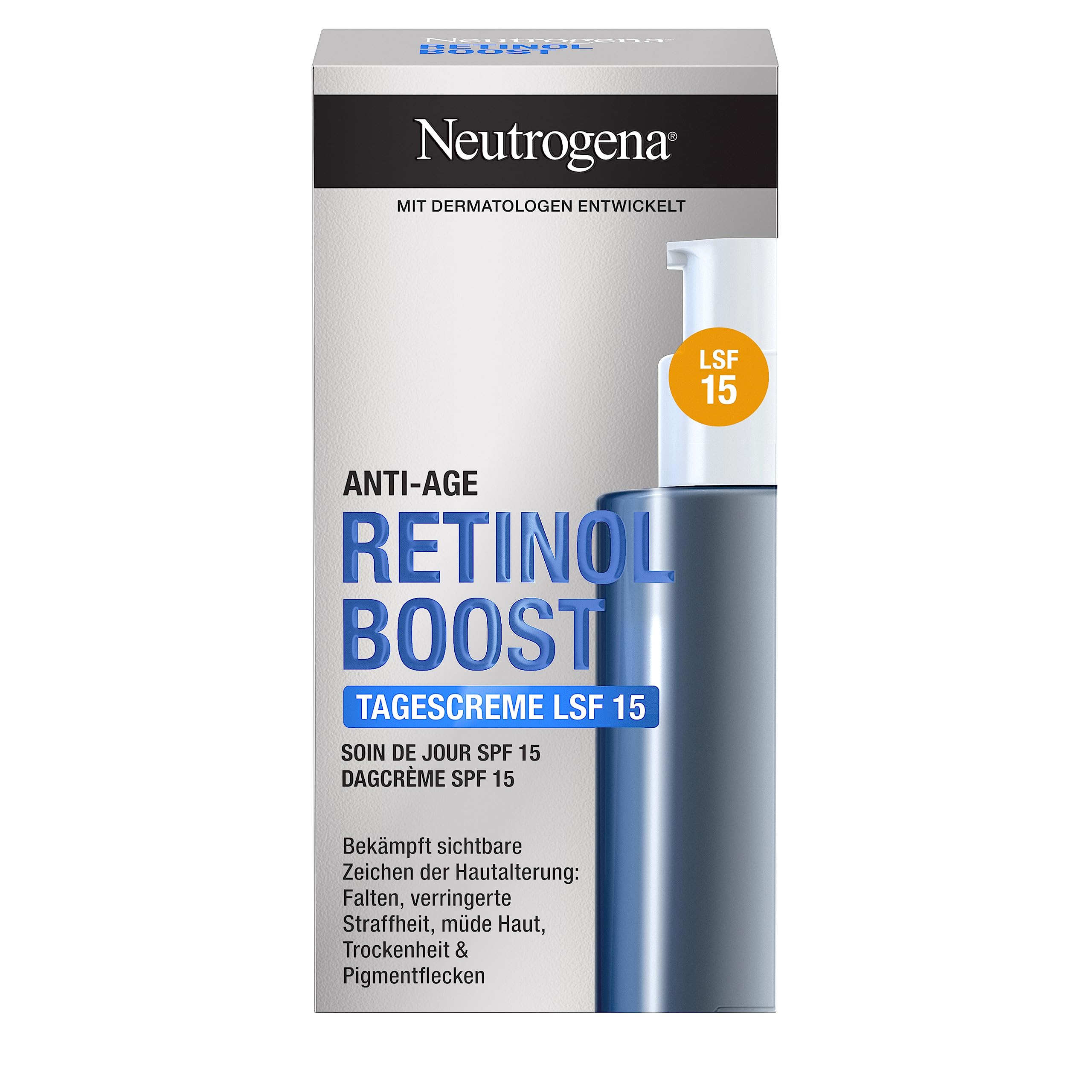 Neutrogena Retinol Boost Crema facial de día SPF 15 (50 ml), hidratante protector con extracto de hoja de mirto y ácido hialurónico, eficaz para una piel joven y saludable