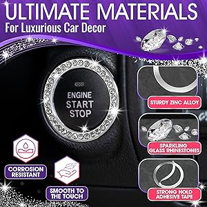 Car Bling Push Start Button Cover Durable Zinc Alloy Bling Ring Sticker with Crystal Rhinestones, Fits Most Engine Start Stop Decoration for Car Interior Accessories, Tool-Free Installation, Silver