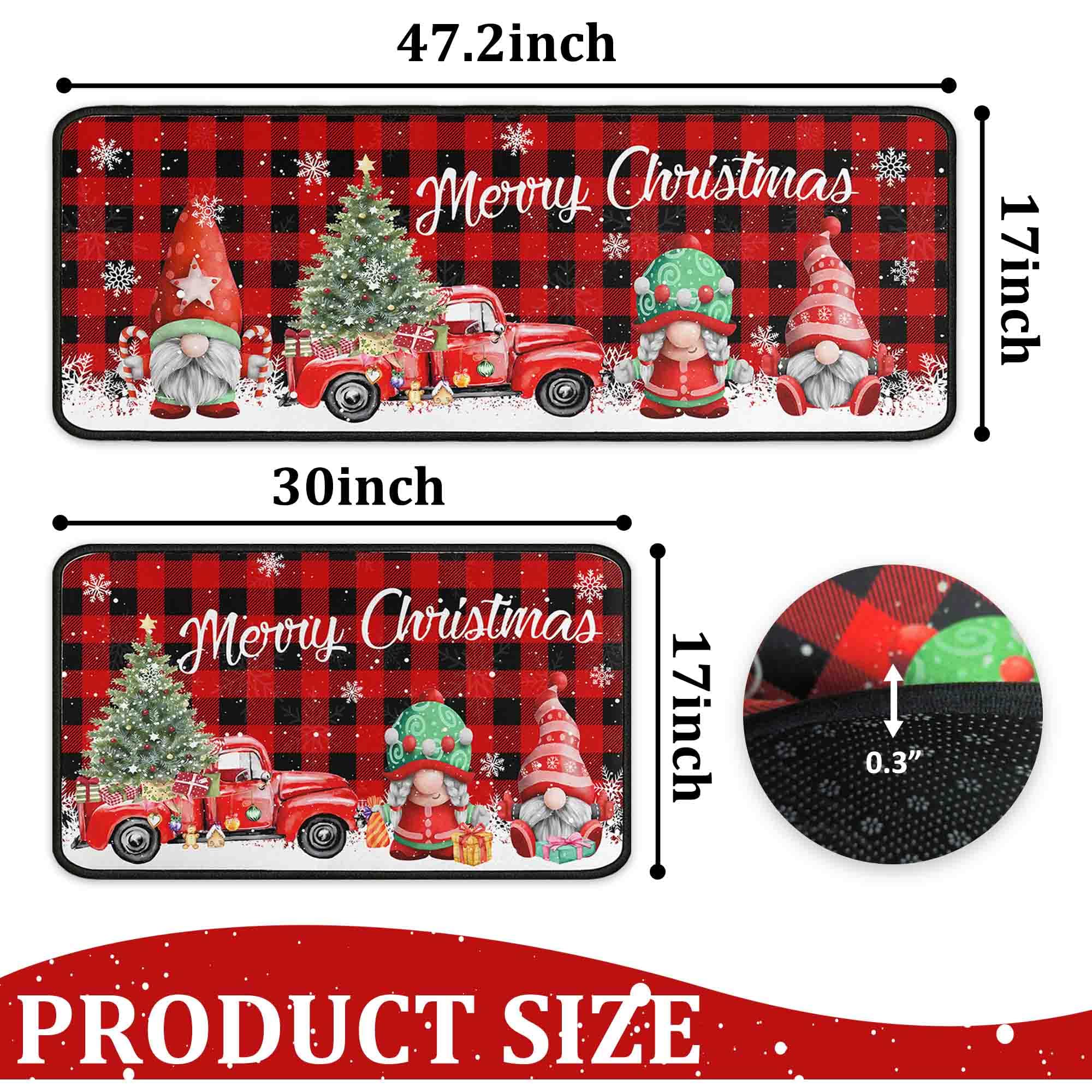 Noulmea Buffalo Plaid Red Truck Christmas Kitchen Rugs and Mats Set of 2, Merry Christmas Tree Gnomes Snow Winter Holiday Party Low-Profile Floor Mat Decorations for Home Kitchen 17