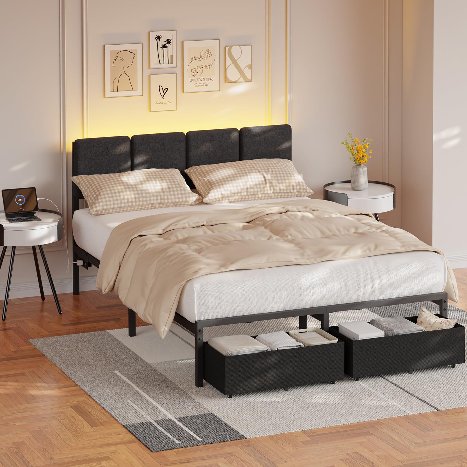 Base de cama de tamaño matrimonial con cabecero, cama tapizada matrimonial con luz LED, estación de carga USB, base de cama de plataforma con 2 cajones de almacenamiento debajo de la cama, no 9