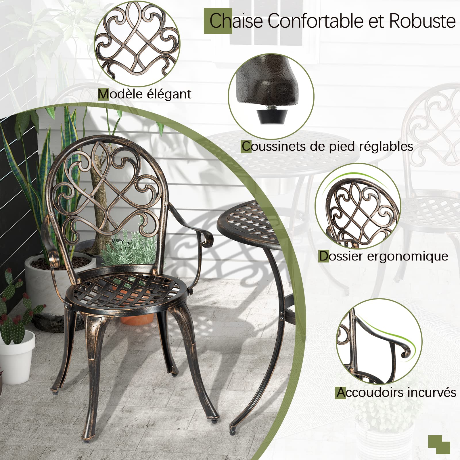 GOPLUS Ensemble de Bistrot 3 Pièces en Fonte d'Aluminium, Table Ronde avec Seau à Glace Amovible & 2 Chaises, Résistant aux Intempéries, Style Antique