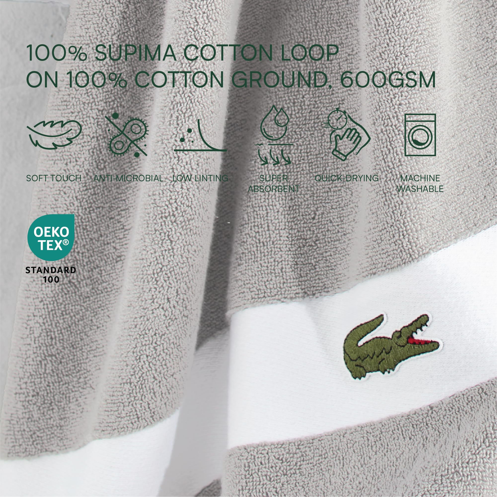 Lacoste Sport Stripe 6-częściowy zestaw luksusowych ręczników bawełnianych – wykonany w 100% z miękkiej bawełny Supima, chłonny i szybkoschnący, zawiera 2 ręczniki kąpielowe, 2 ręczniki do rąk, 2
