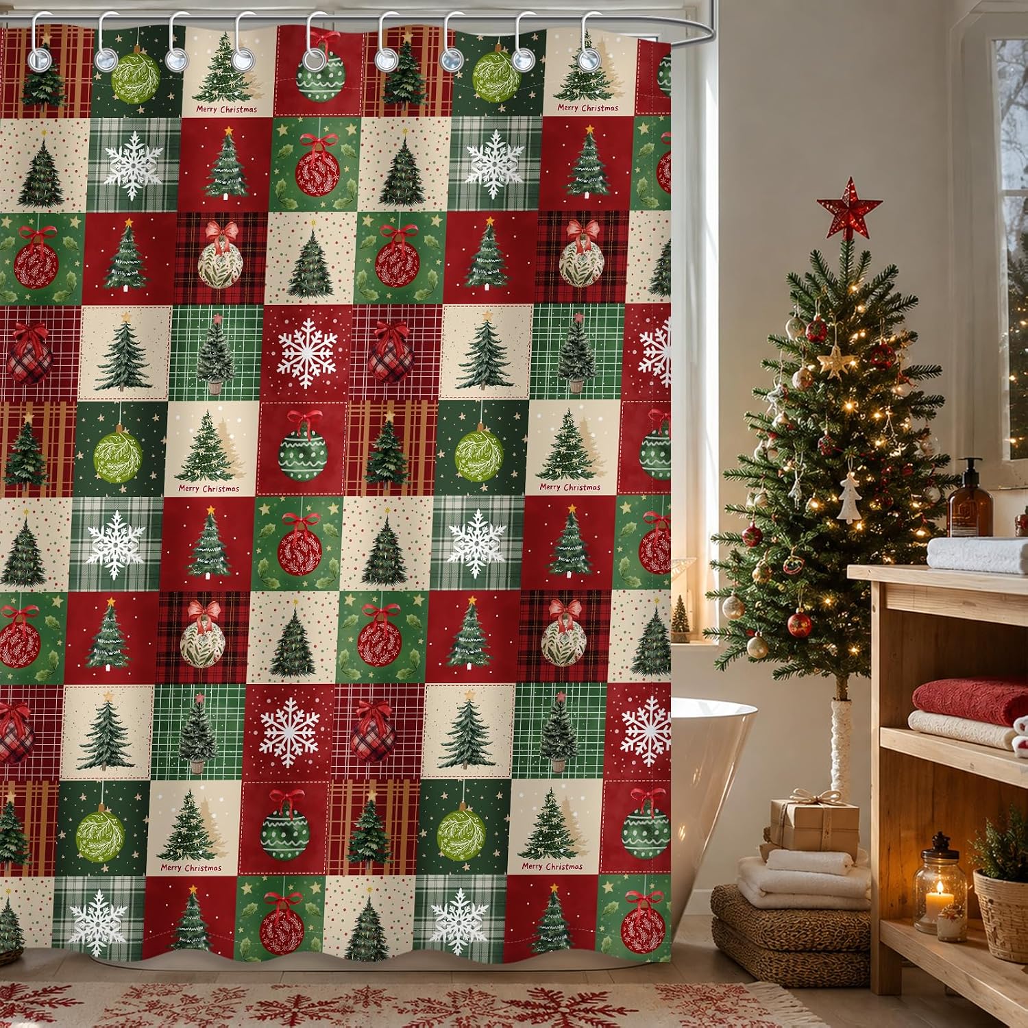 Farmhouse Checkerboard Christmas Shower Curtain Winter Decor 72x72 Inch