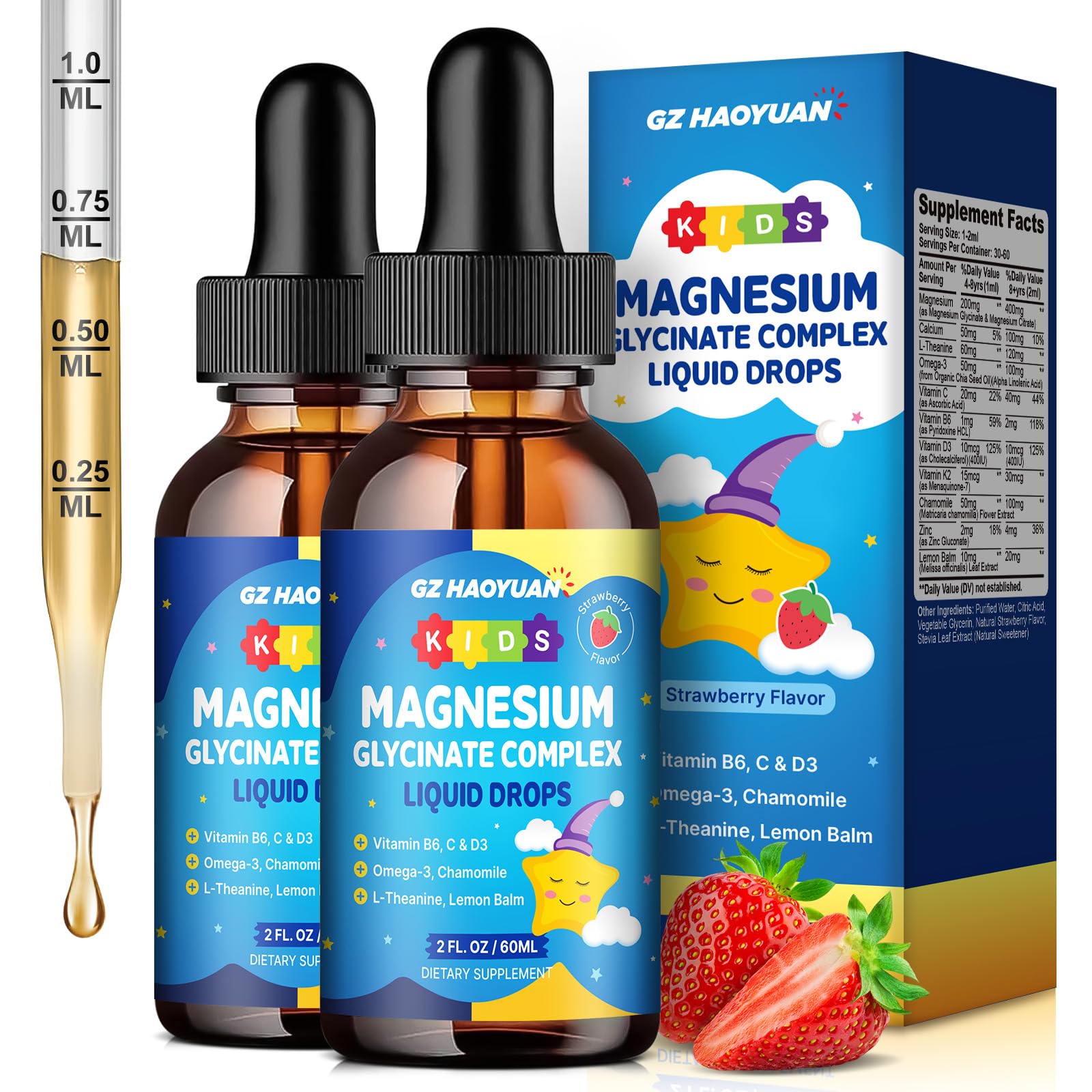 Kids Magnesium Glycinate Liquid Drops‌ – with L-Theanine, Omega-3, Vitamins B6 & D3, Zinc & Calcium – for Sleep Support, Relaxation, Focus & Brain, Bones – Strawberry Flavor, 4 Fl Oz Strawberry 2 Fl Oz (Pack of 2)