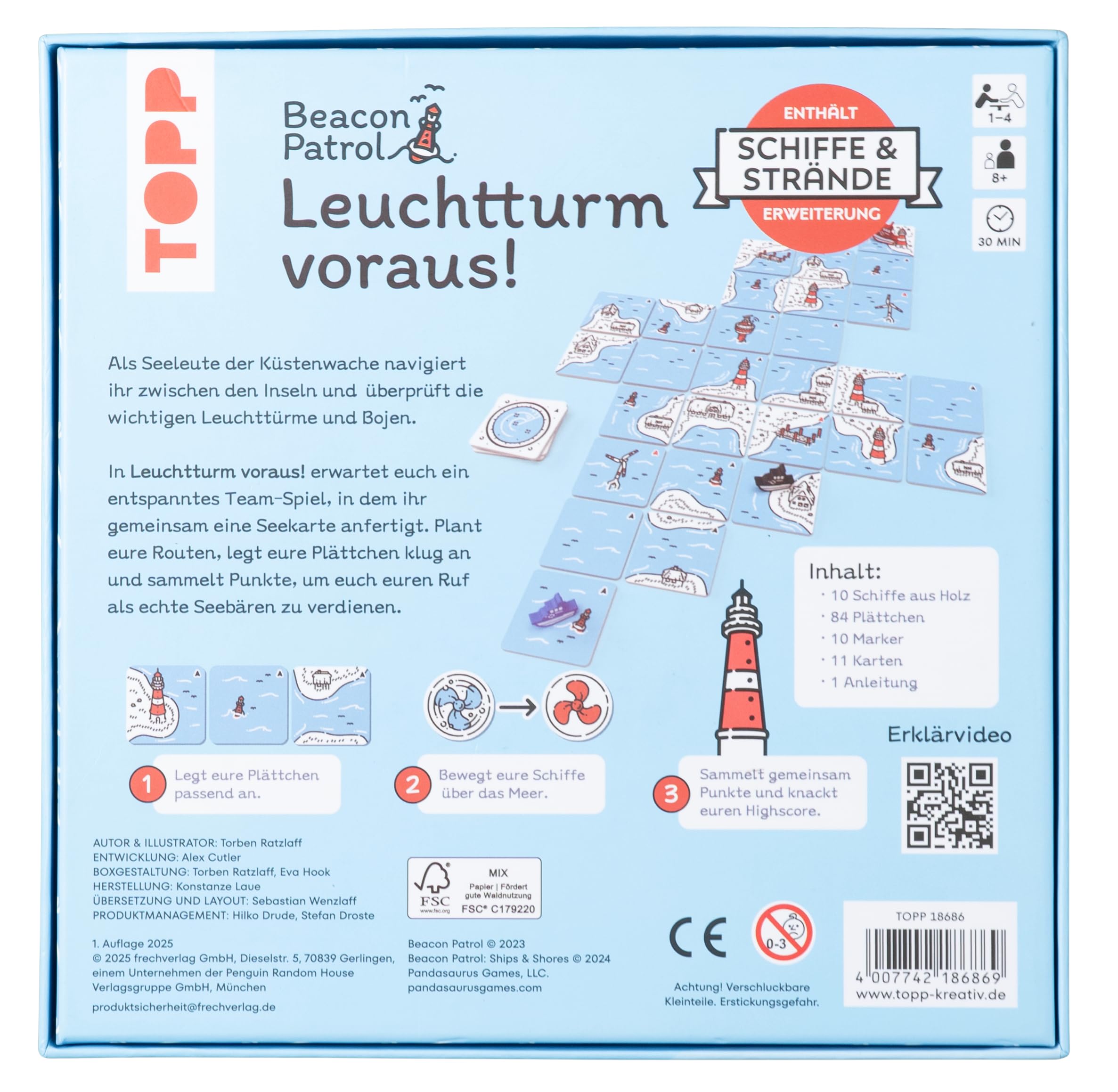 Leuchtturm voraus! Beacon Patrol (deutsche Ausgabe). Inkl. Erweiterung "Schiffe & Strände": Kooperatives Legespiel mit Urlaubsfeeling. In See stechen, Plättchen anlegen, Punkte sammeln!