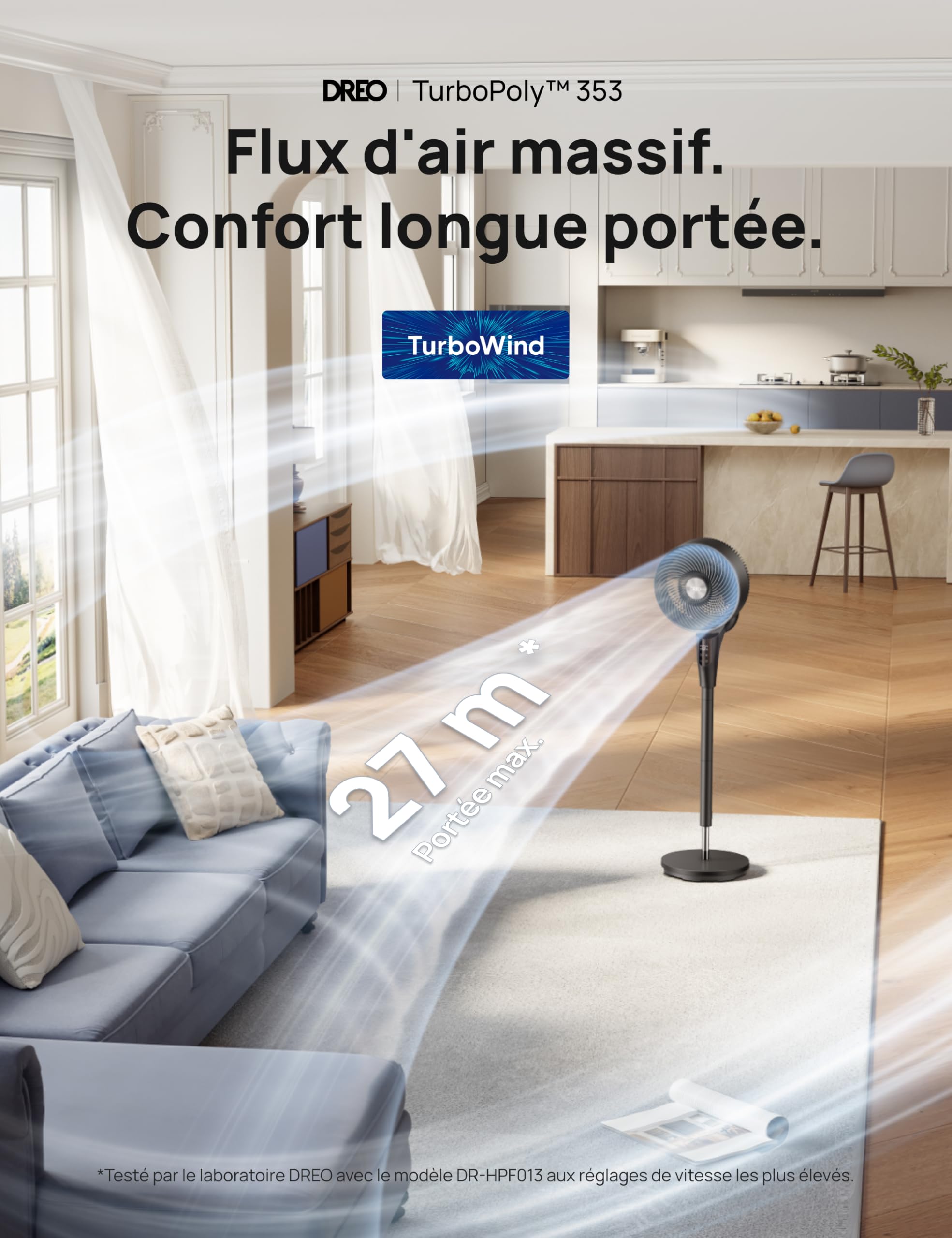 DREO Ventilateur sur Pied Silencieux pour Chambre [Amélioré], Flux d’Air 27m, 20dB, Oscillation 90°, Moteur DC, 8 Vitesses, 3 Modes, Hauteur 96–106 cm, Minuterie 8H, Inclinaison 105°